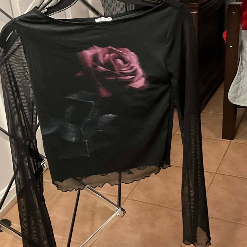 Ardene Black Top with Pink Rose and Sheer Sleeves